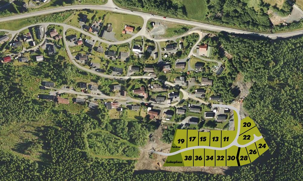 Kart over ledige tomter i Lysthaugen, Verdal kommune