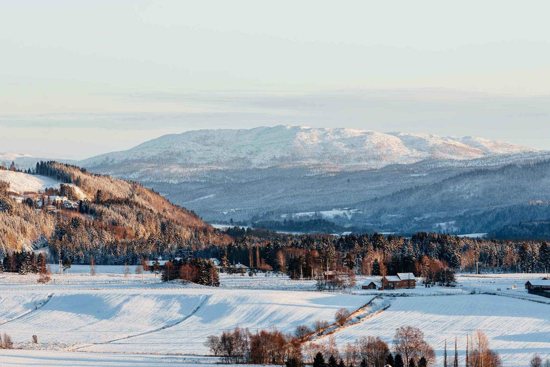 Vinterlig utsiktsbilde mot fjella i Verdal